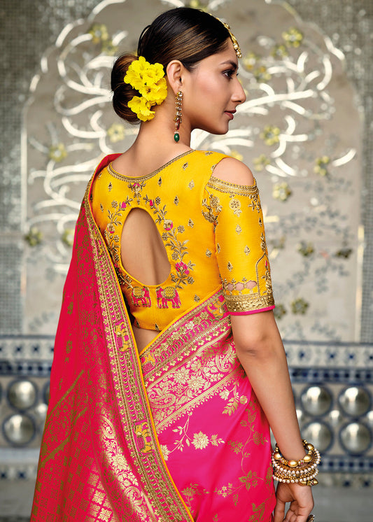 Yellow & Pink Half N Half Banarasi Silk Saree with Embroidered work