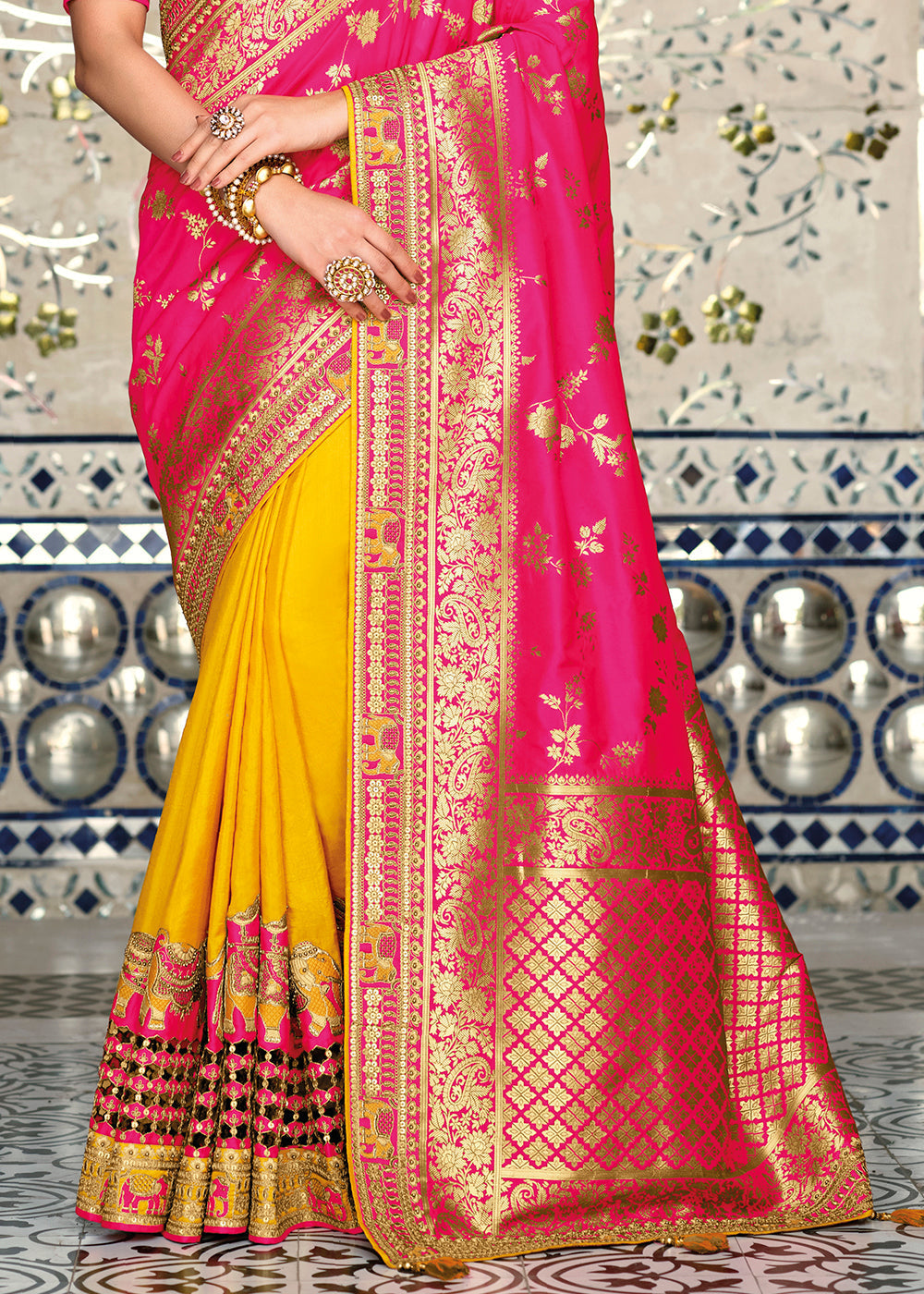 Yellow & Pink Half N Half Banarasi Silk Saree with Embroidered work