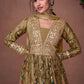 Army Green Floral Printed Organza Silk Anarkali Suit with Embroidery work