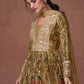 Army Green Floral Printed Organza Silk Anarkali Suit with Embroidery work