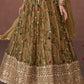 Army Green Floral Printed Organza Silk Anarkali Suit with Embroidery work