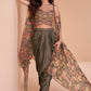 Ash Grey Satin Silk Dhoti & Mirror work Blouse with Floral Organza Silk Shrug