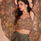 Ash Grey Satin Silk Dhoti & Mirror work Blouse with Floral Organza Silk Shrug