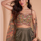 Ash Grey Satin Silk Dhoti & Mirror work Blouse with Floral Organza Silk Shrug