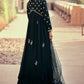 Blackish Blue Chinon Silk Designer Anarkali Suit with Floral Embroidery work