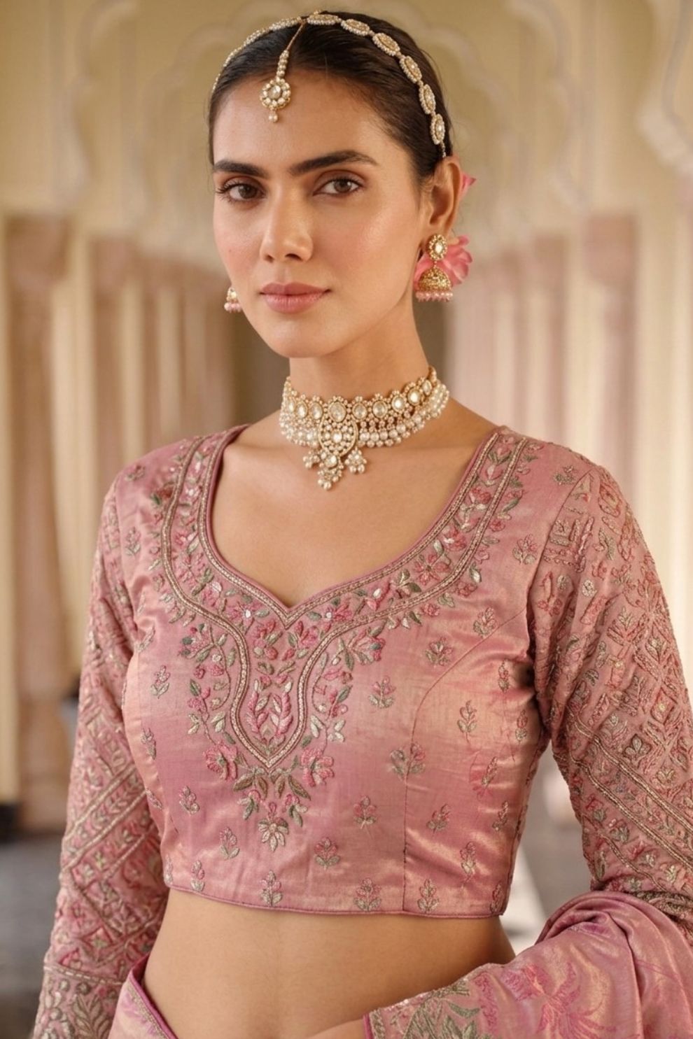 Dusty Rose Pink Silk Blend Designer Saree with Peacock Motif Embroidery