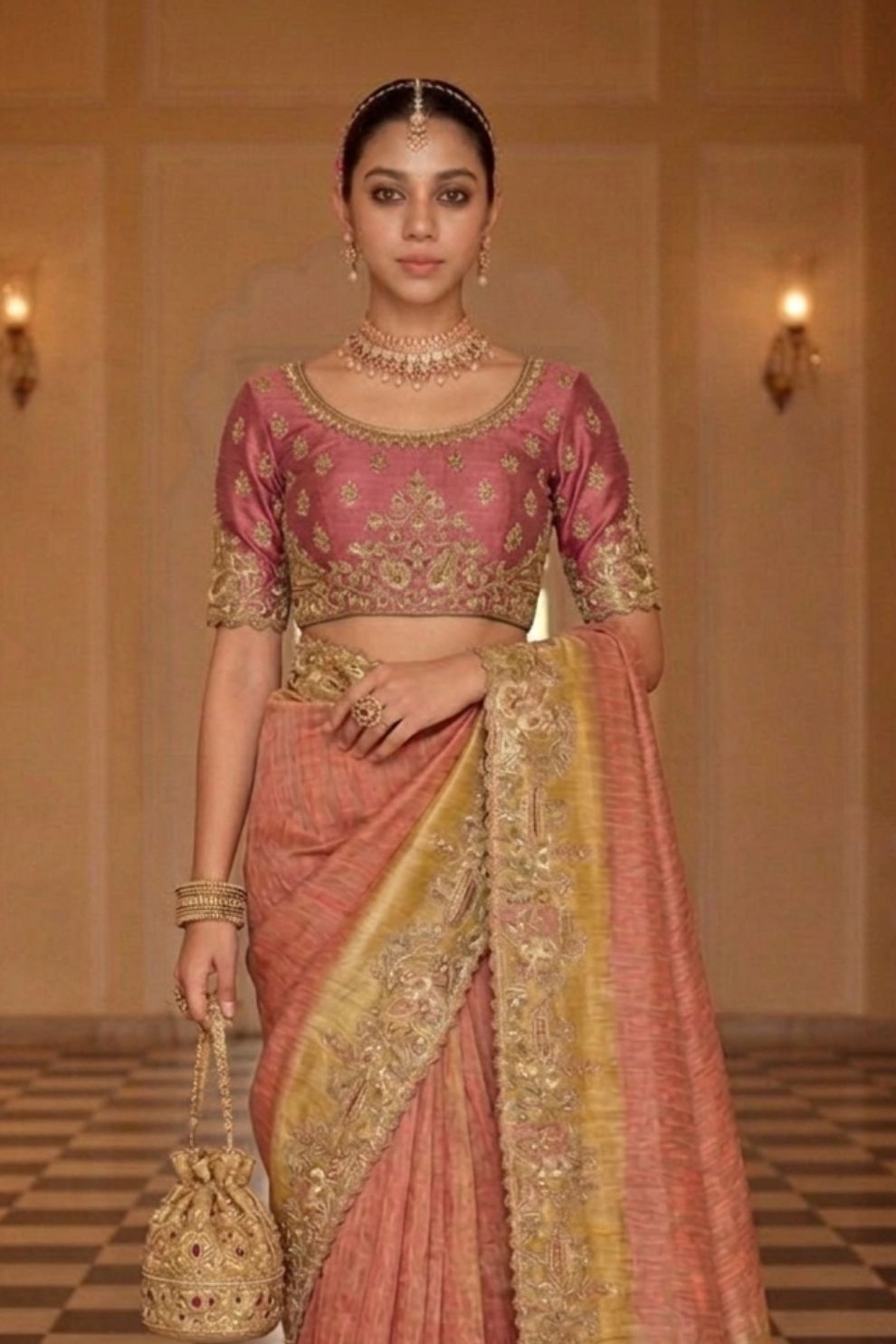 Peach Gold Designer Soft Silk Saree Elegant Festive Wedding Party Wear