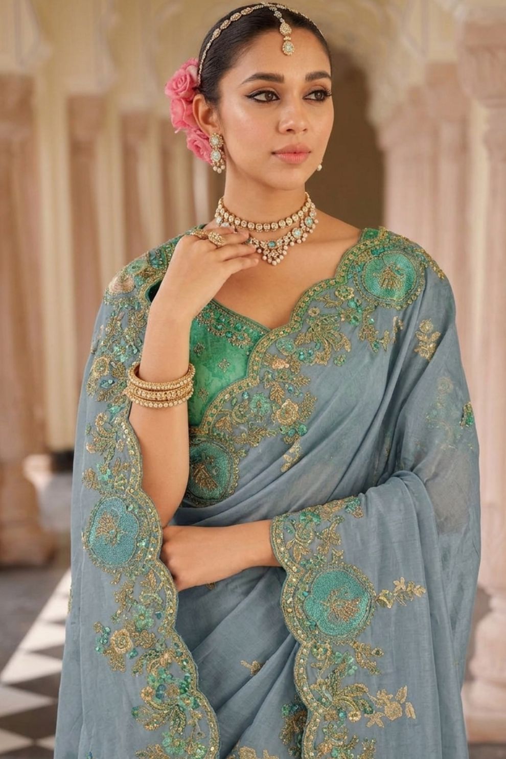 Grey Blue Designer Soft Silk Saree Elegant Festive Wedding Party Wear
