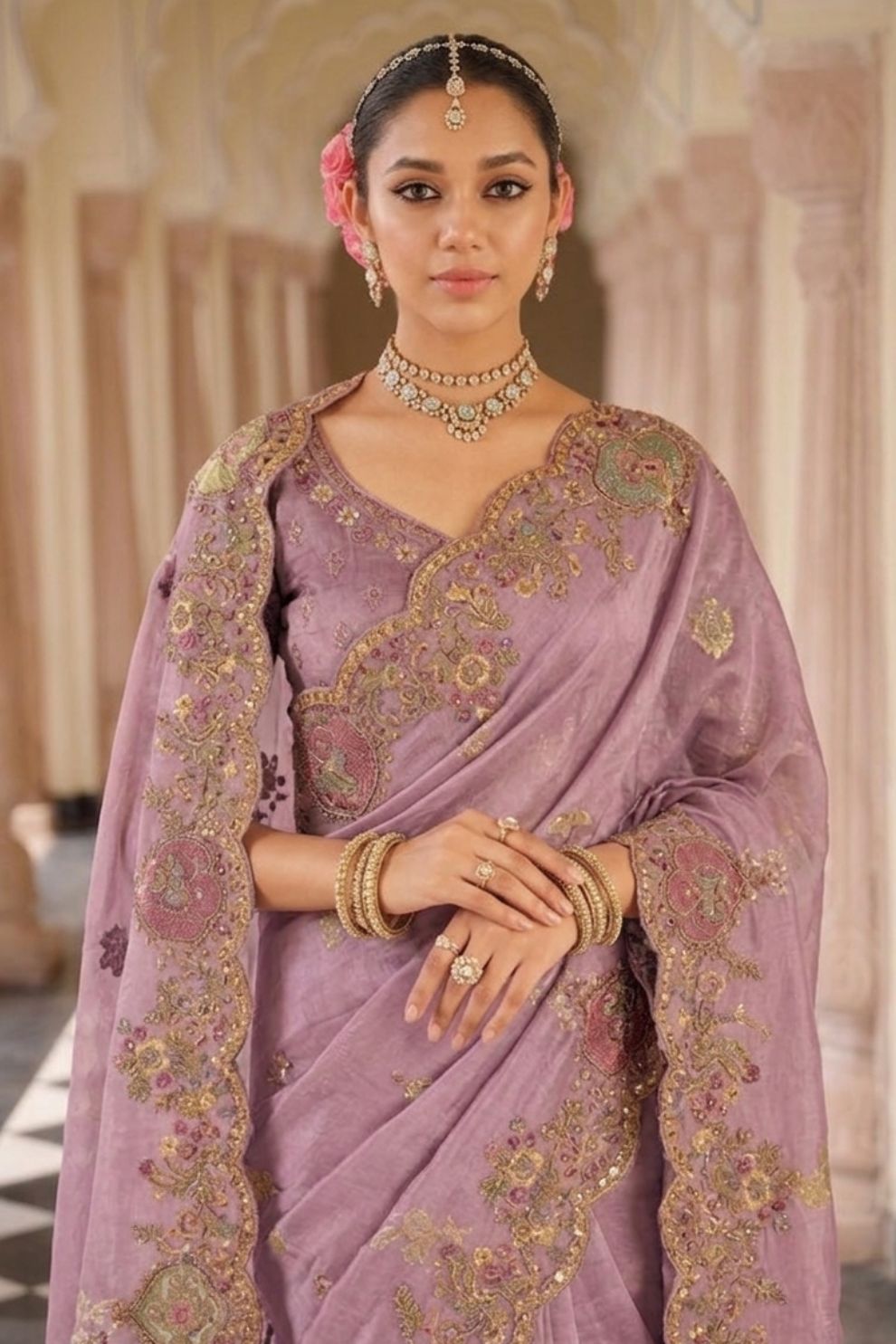 Lavender Mauve Designer Soft Silk Saree Elegant Festive Party Wear Look
