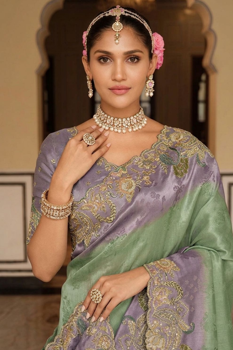 Sage Green Mauve Designer Soft Silk Saree Elegant Festive Party Wear