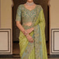 Olive Green Dusty Blue Designer Soft Silk Saree Elegant Festive Wear