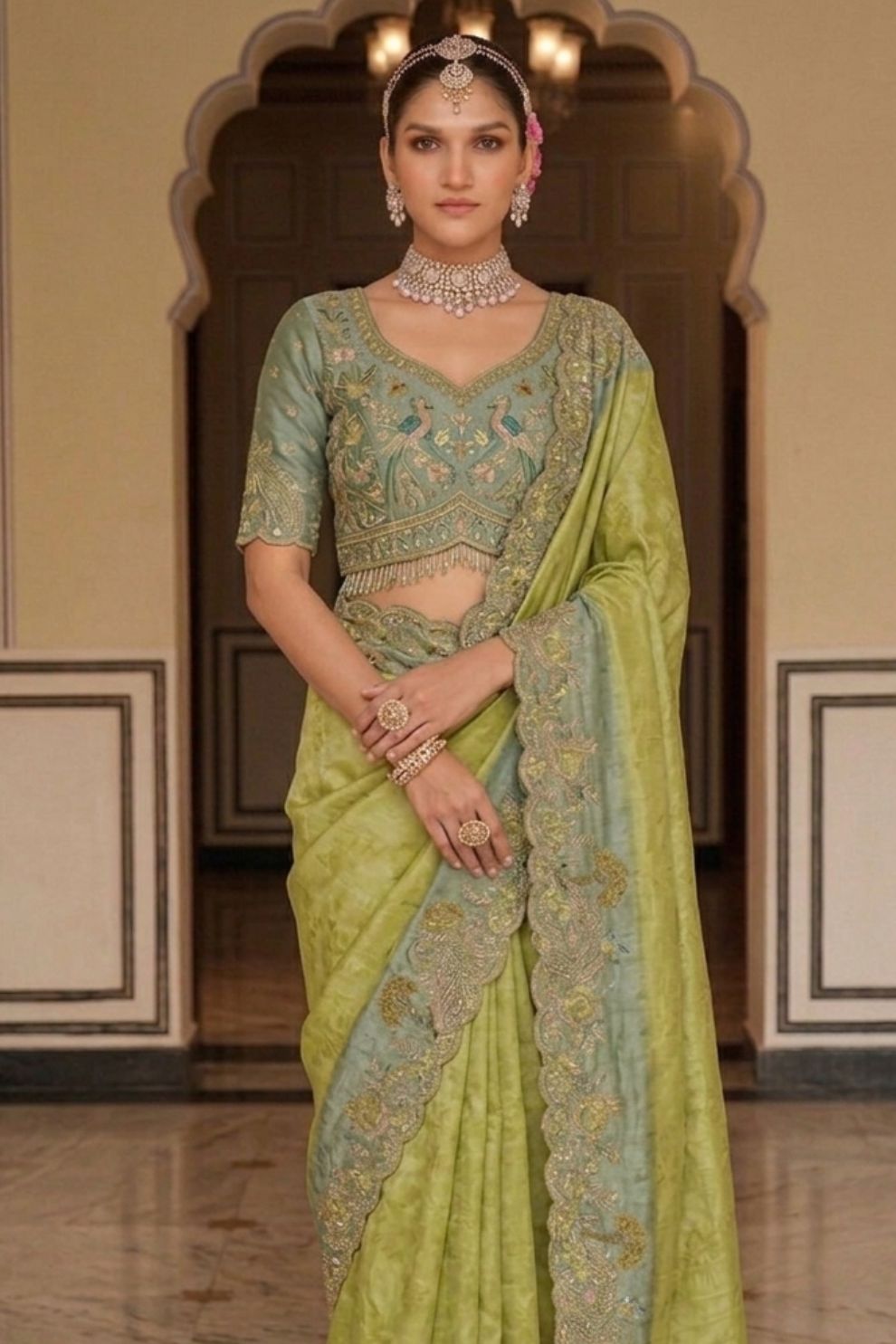 Olive Green Dusty Blue Designer Soft Silk Saree Elegant Festive Wear