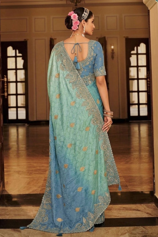 Dusty Blue Designer Soft Silk Saree Elegant Festive Party Wear Look