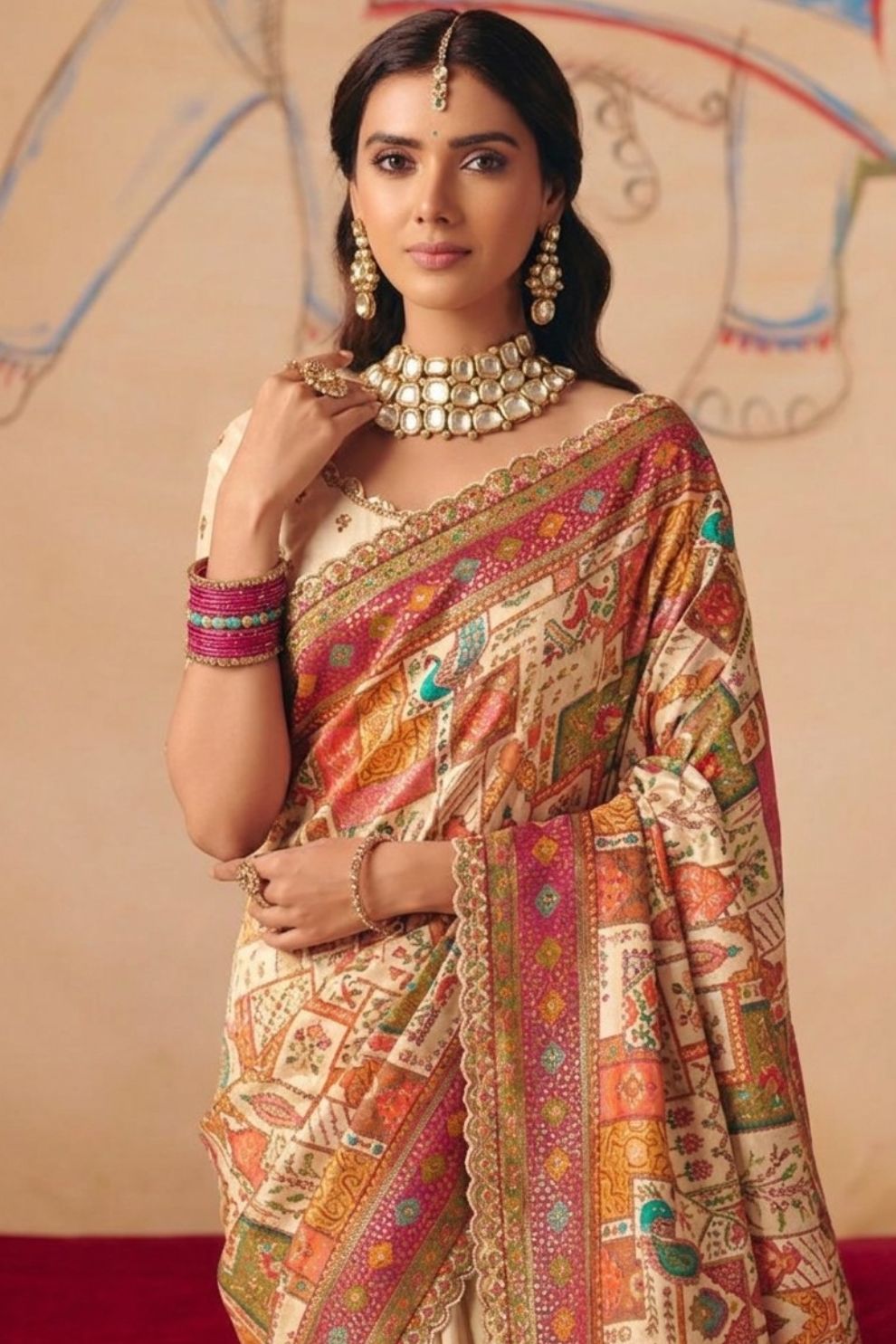Ivory Dola Silk Saree with Madhubani Prints Heavy Zari Embroidery Elegant