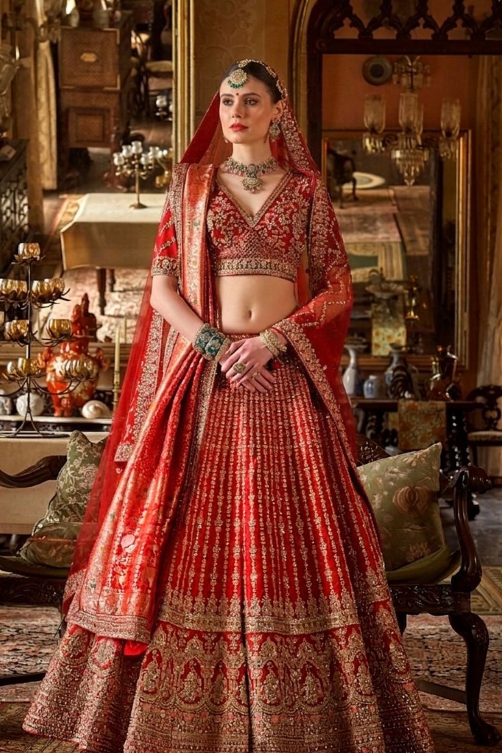 Crimson Red Silk Bridal Lehenga Vertical Zari Striper Work Elegant