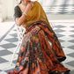 Yellow & Blue Floral Digital Print Silk Saree