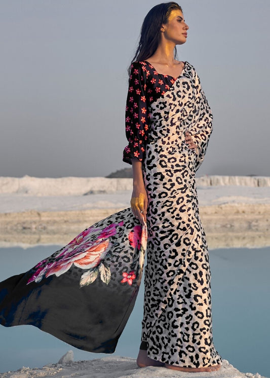 Black and White Leopard Print Crepe Silk Saree: Top Pick