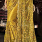 Mustard Yellow Designer Net Saree with Hand Made Flower, Moti & Cut Dana work