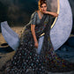 Ash Black Digital Net Saree with Thread,Sequence, Zari, Moti & All Over Flower Applique work & Imported Fabric Sequence Pallu