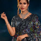 Ash Black Digital Net Saree with Thread,Sequence, Zari, Moti & All Over Flower Applique work & Imported Fabric Sequence Pallu