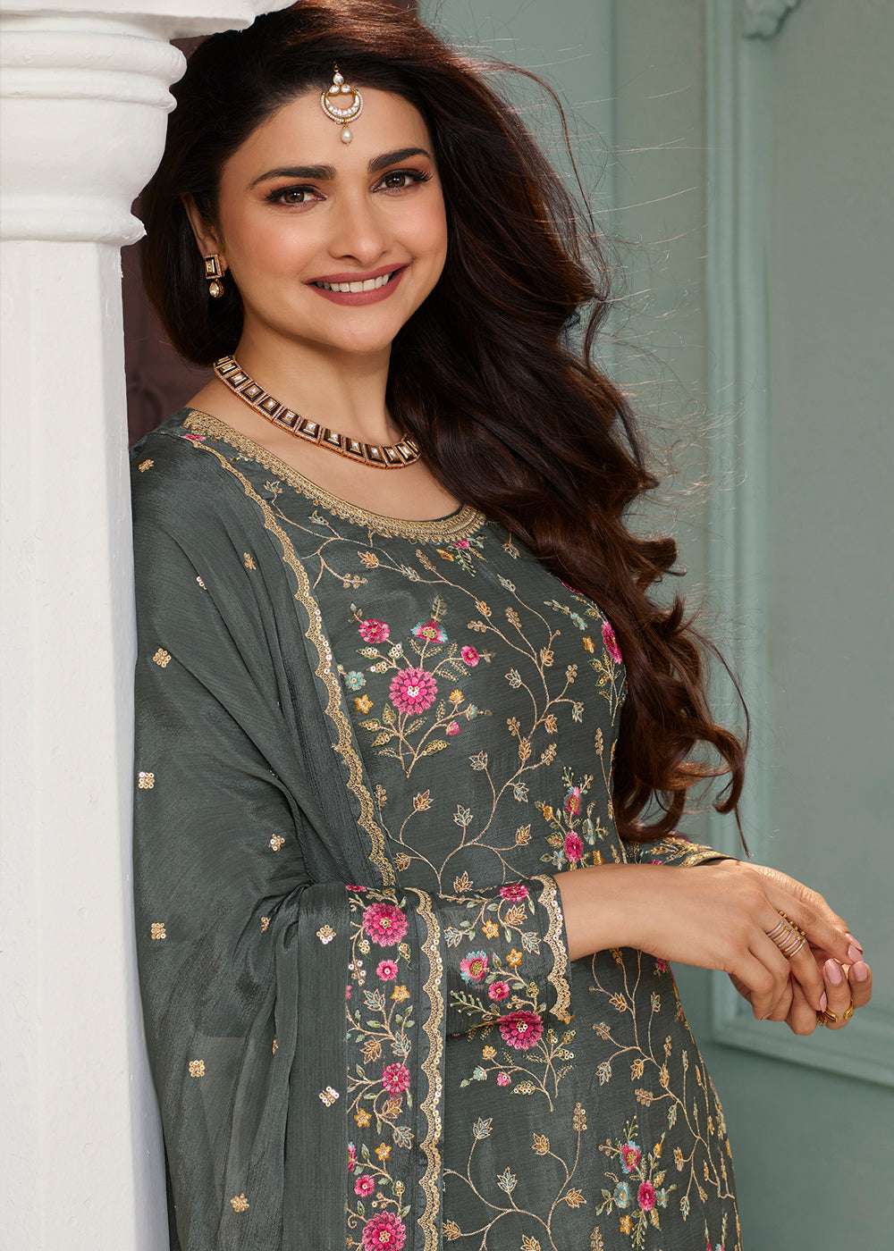 Iron Grey Chinon Floral Embroidered Sharara Suit