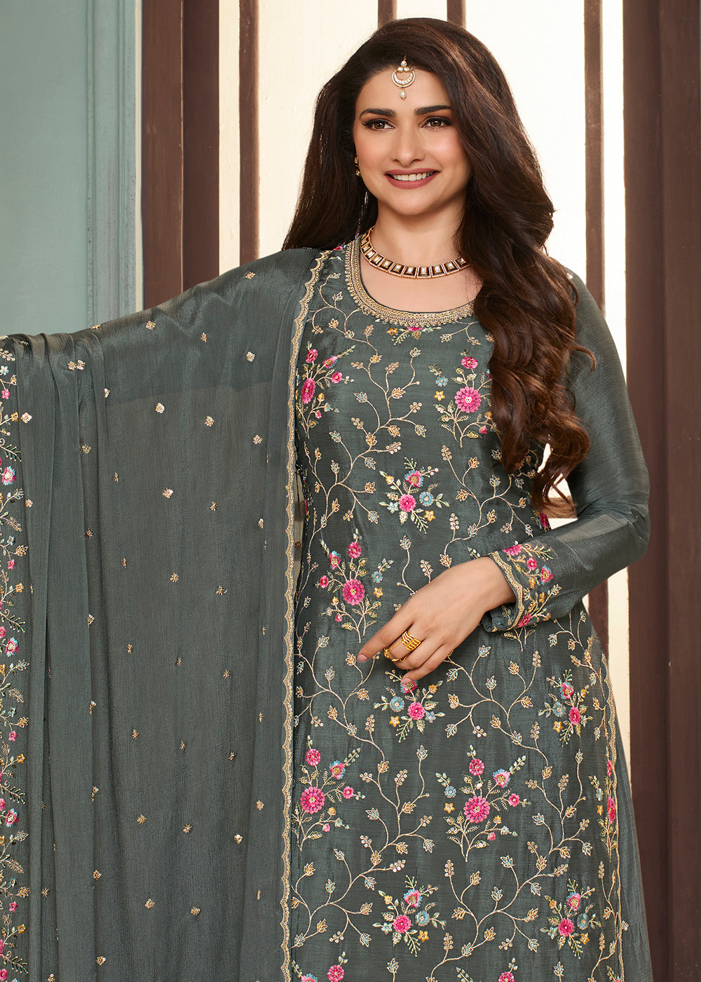 Iron Grey Chinon Floral Embroidered Sharara Suit