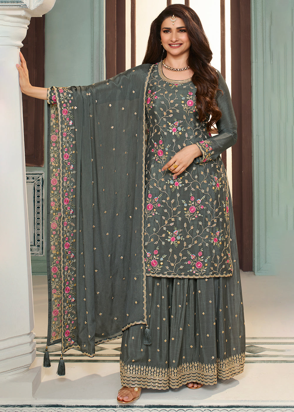 Iron Grey Chinon Floral Embroidered Sharara Suit