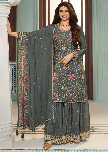 Iron Grey Chinon Floral Embroidered Sharara Suit