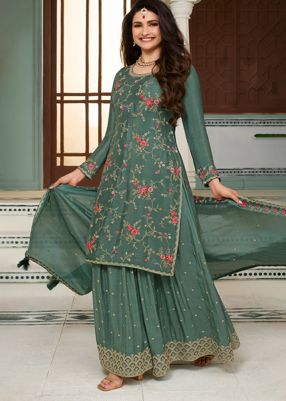 Beautiful Green Chinon Floral Embroidered Sharara Suit