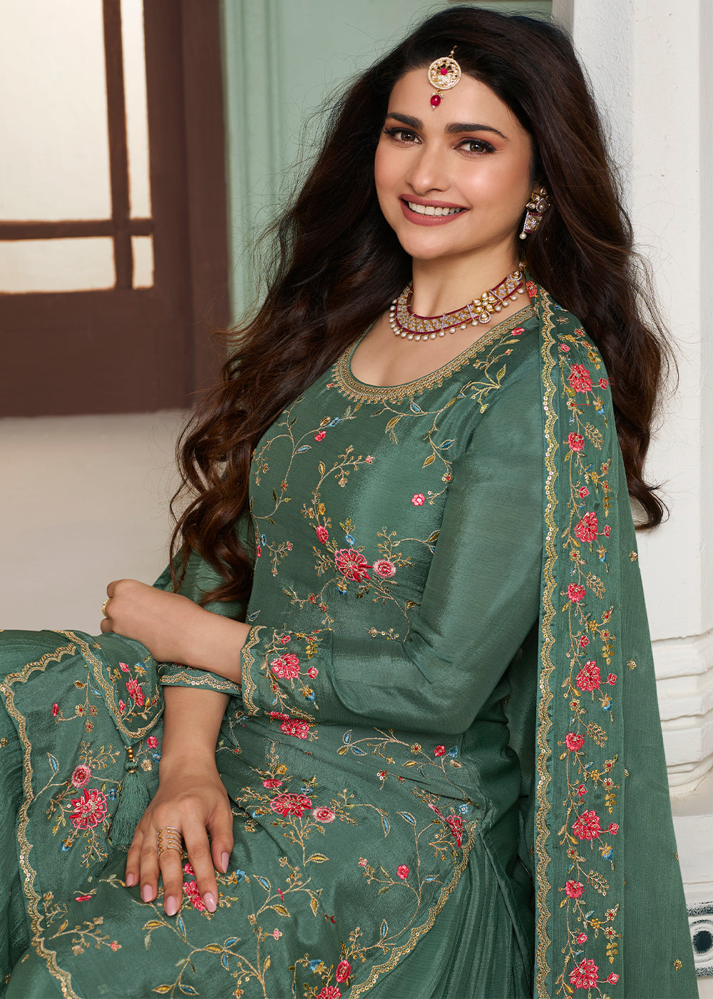 Beautiful Green Chinon Floral Embroidered Sharara Suit