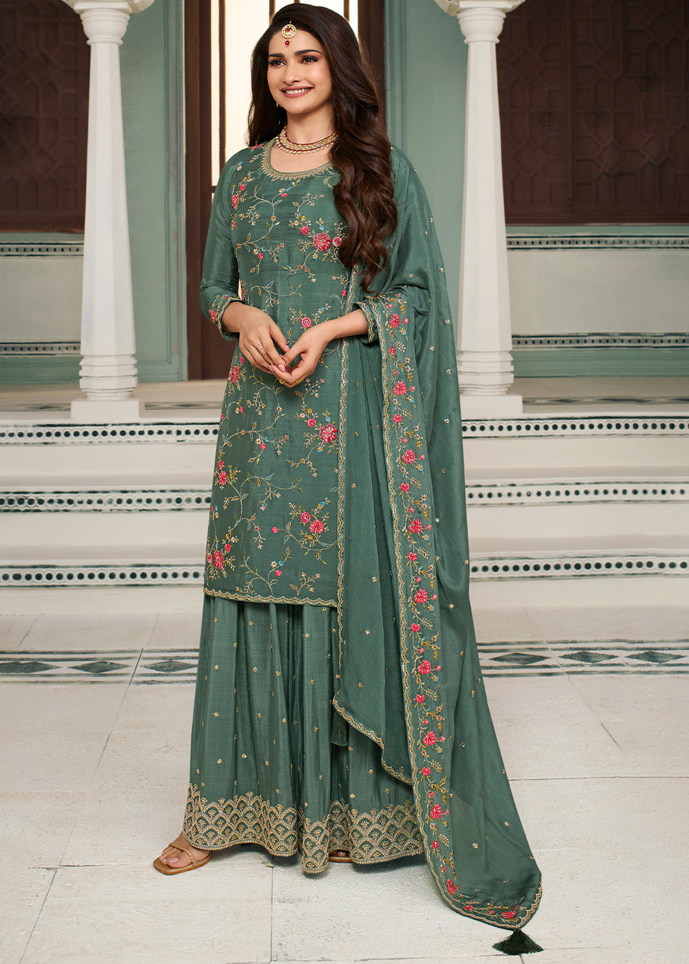 Beautiful Green Chinon Floral Embroidered Sharara Suit
