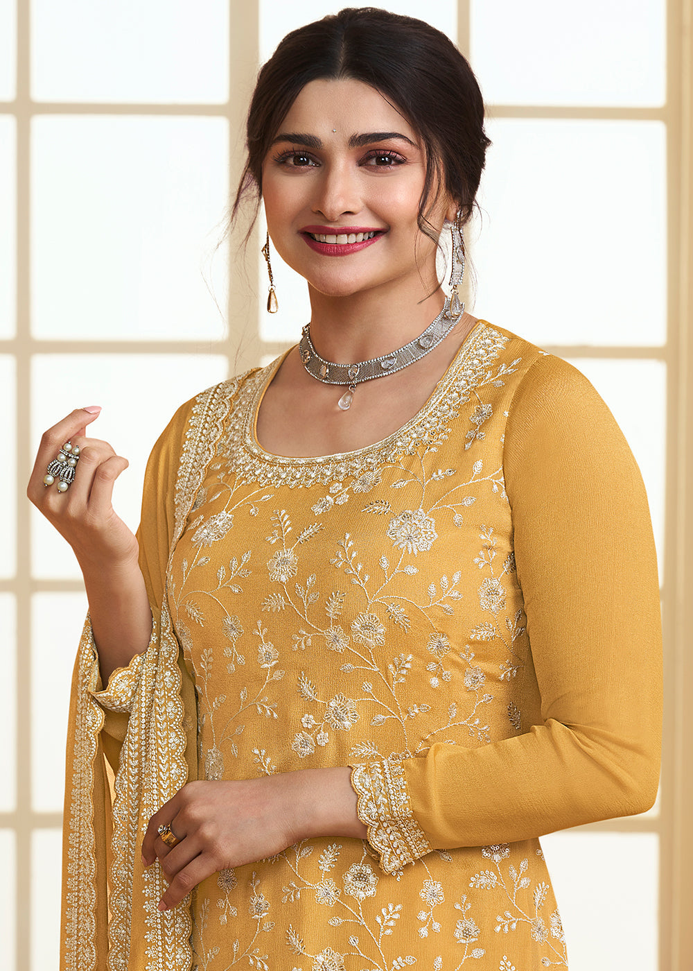 Amber Yellow Chinon Floral Embroidered Plazzo Suit