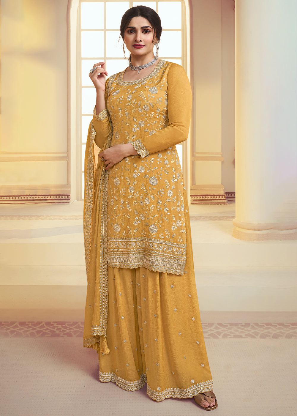 Amber Yellow Chinon Floral Embroidered Plazzo Suit