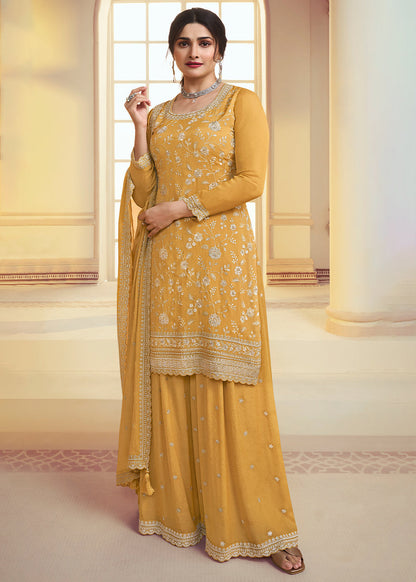 Amber Yellow Chinon Floral Embroidered Plazzo Suit
