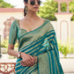 Teal Blue Zari Woven Leheriya Georgette Saree