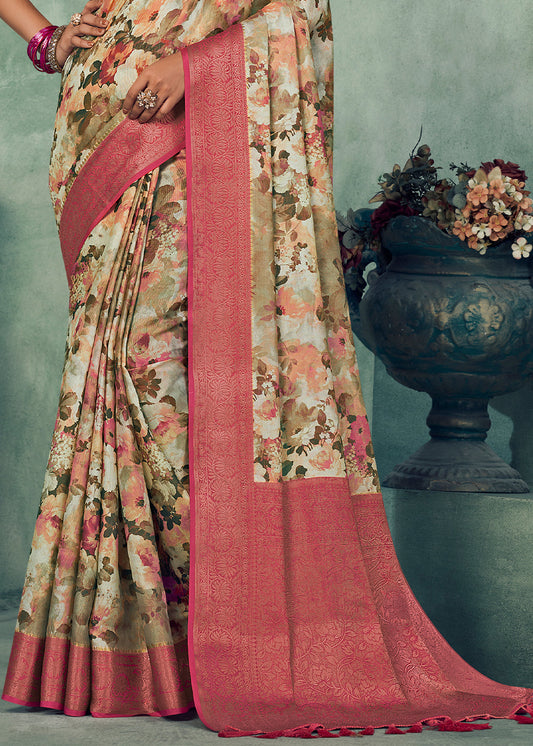 White & Pink Digital Printed Tissue Silk Saree