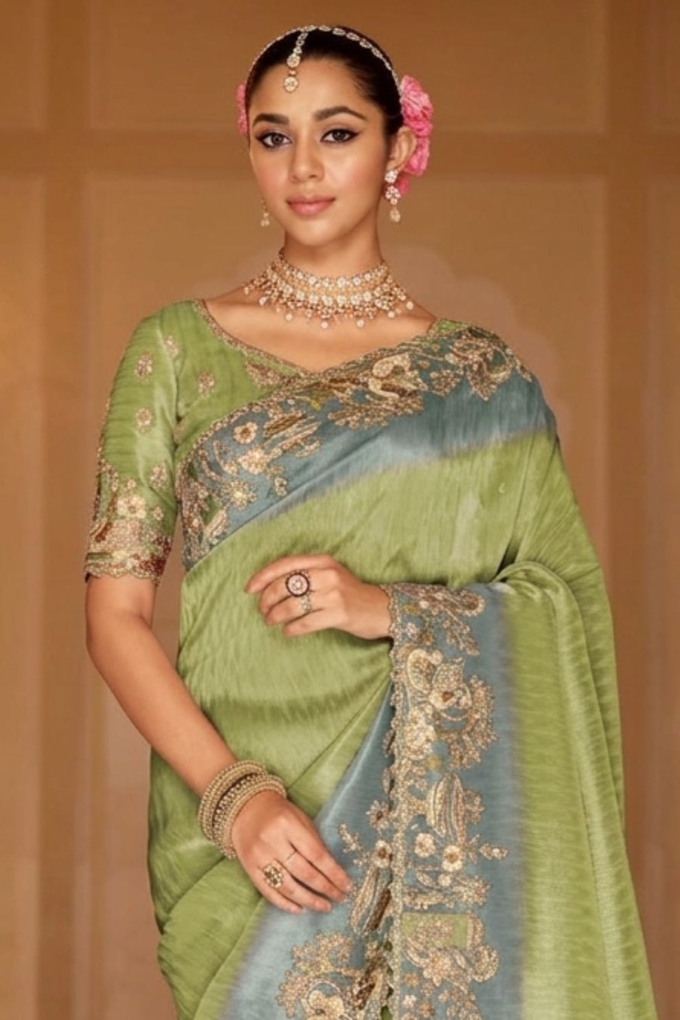Light Green Soft Silk Saree Elegant Festive Wedding Party Wear Look