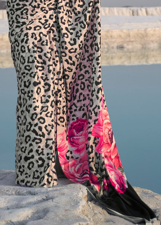 Black and White Leopard Print Crepe Silk Saree: Top Pick