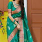 Teal Green Silk Saree with Floral Zari Border and Silver Buti Design