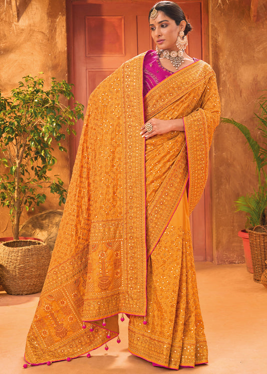 Apricot Orange Banarasi Silk Saree with Diamond,Mirror & Kachhi work