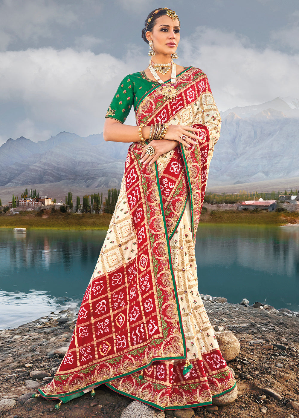 Cream White Bandhej Satin Silk Saree with Mirror,Moti & Cut-Dana Work