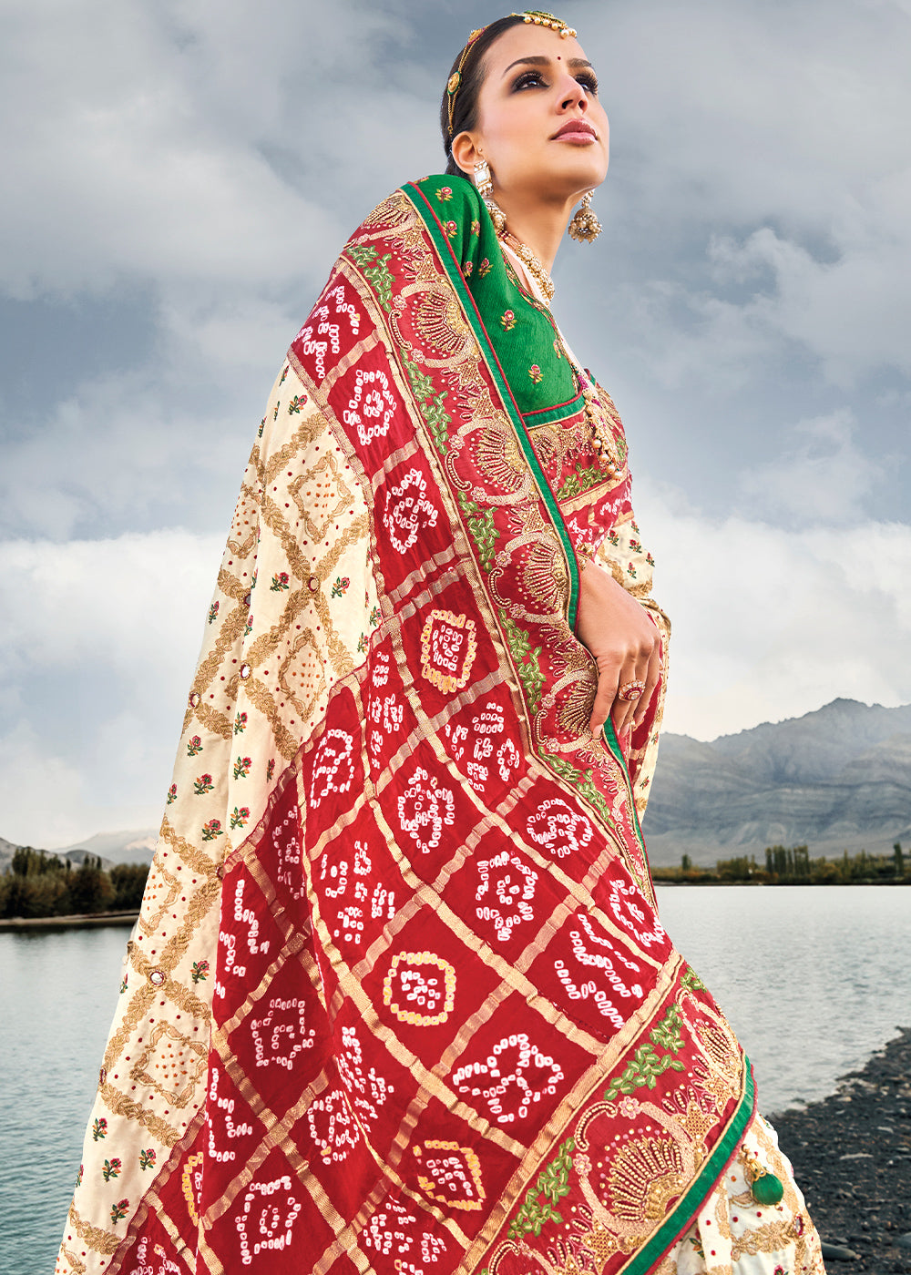 Cream White Bandhej Satin Silk Saree with Mirror,Moti & Cut-Dana Work