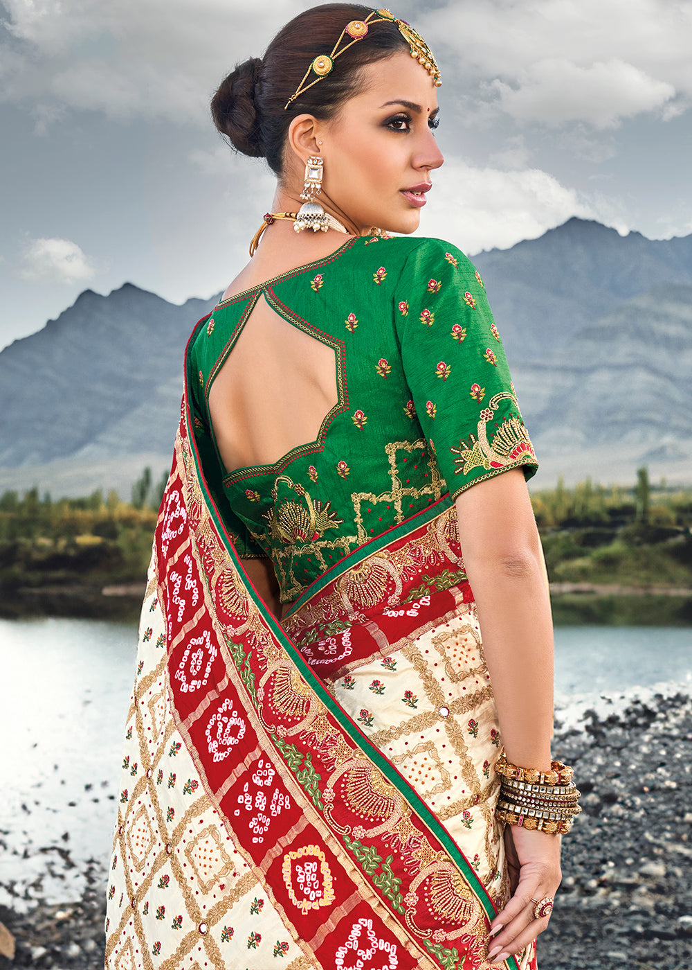 Cream White Bandhej Satin Silk Saree with Mirror,Moti & Cut-Dana Work