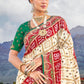 Cream White Bandhej Satin Silk Saree with Mirror,Moti & Cut-Dana Work