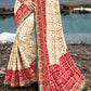 Cream White Bandhej Satin Silk Saree with Mirror,Moti & Cut-Dana Work