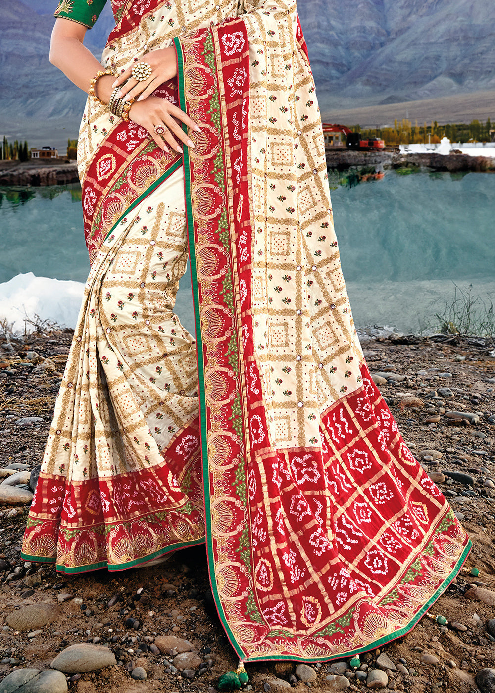 Cream White Bandhej Satin Silk Saree with Mirror,Moti & Cut-Dana Work