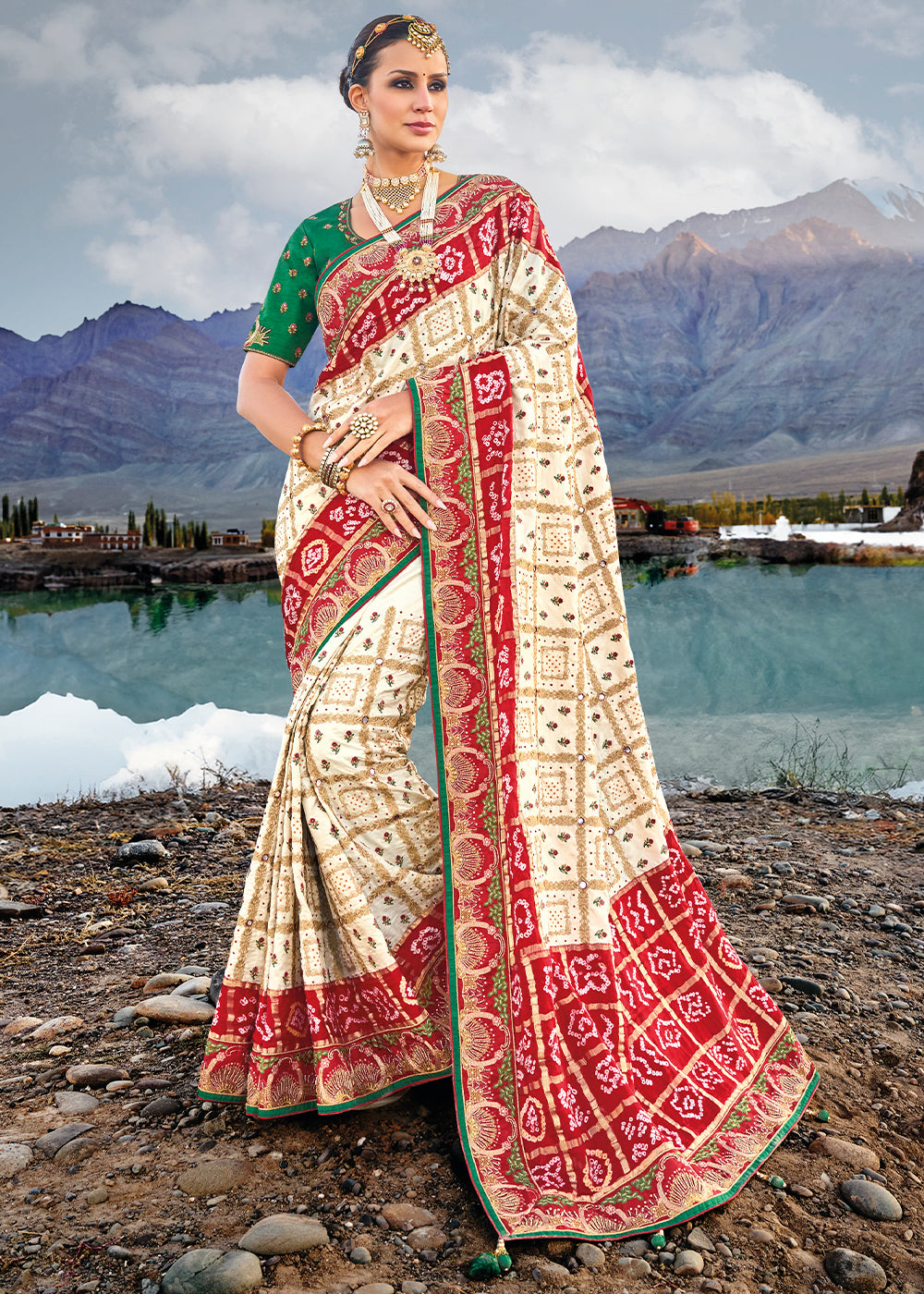 Cream White Bandhej Satin Silk Saree with Mirror,Moti & Cut-Dana Work