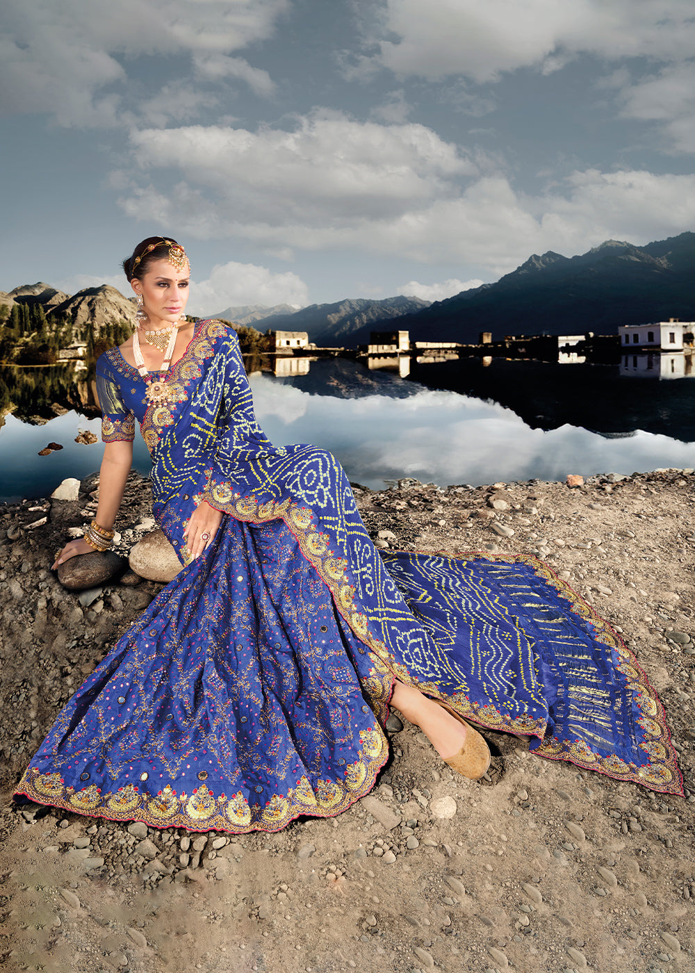 Azure Blue Bandhej Satin Silk Saree with Mirror,Moti & Cut-Dana Work