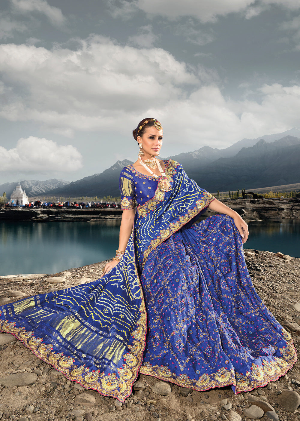 Azure Blue Bandhej Satin Silk Saree with Mirror,Moti & Cut-Dana Work