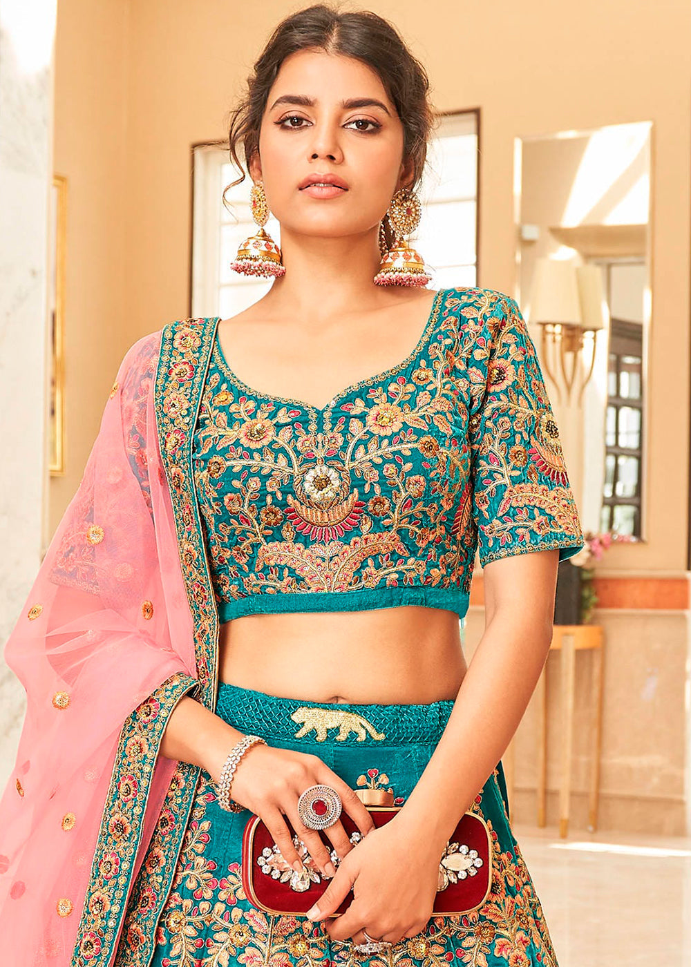 Teal Blue Velvet Lehenga Choli with Thread, Zari,Dori & Sequins work